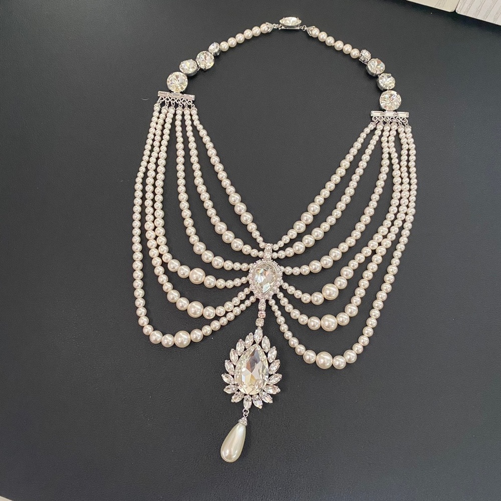 Alessandra Rich Ivory Pearl Multi-Strand Necklace with Crystal Drop